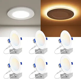 VOLISUN 6 Pack 4 Inch 5CCT Recessed Light with Night Light,Canless LED Recessed Lighting 4 inch,2700K-5000K Selectable,9.5W=80W,810LM Dimmable Recessed Ceiling Wafer Light,ETL Certificated