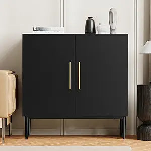 Storage Cabinet with Doors, Modern Black Accent Cabinet, Free Standing Cabinet, Wooden Buffet Sideboards for Living Room, Kitchen,Home Office