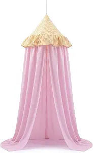 Breling Gingham Bed Canopy with Ruffles, Cotton Crib Canopy Pink Stripes Toddler Beds Decorative Hanging Tent Frills Curtain for Toddler Baby Cribs Nursery Reading Nook Decor