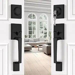 EHOMEWARE Black Double Front Door Lock Set, Matte Black Double Door Handle Set, Exterior Door Handle with Deadbolt and Dummy, Heavy Duty Front Door Hardware, Reversible Door Lever for Left/Right Doors