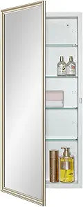 IDYLLOR White Medicine Cabinet with 16x36 Inch Gold Frame Mirrored Door, Wall Mounted Storage, Recessed or Surface Mount, 4 Adjustable Glass Shelves, Vanity Organizer for Bathroom, Bedroom, Hallway