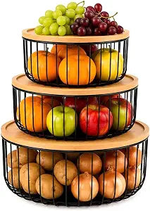 3-Piece Stackable Fruit Basket with Bamboo Lids for Kitchen Counter
