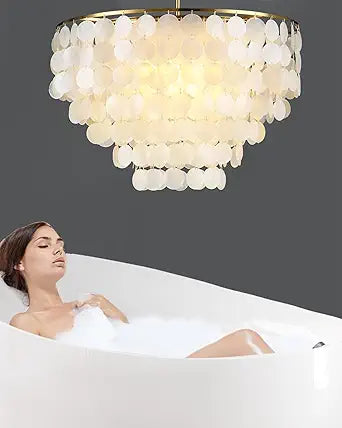 H16'' x D24'' Capiz Shell Chandelier with 5 Tiers Shell, Large Light Fixture Boho Farmhouse Ceiling Lights Entryway for Bedroom Bathroom Kitchen, (More Additional Shell Parts Included), Gold