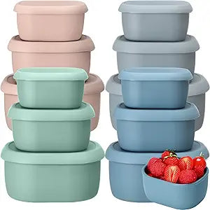 Blushtier 12 Pcs Silicone Food Storage Containers with Lids Reusable Silicone Snack Container 3 Size Silicone Lunch Box Bento with Lids Freezer Dishwasher Safe,6.7oz, 10oz, 20oz(Mo Landi Color)