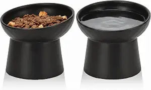 YauYik Ceramic Elevated Cat Bowls - 15Tilted Cat Food Bowls for Indoor Cats, Whisker Fatigue Relief Shallow Cat Bowl, Anti Vomiting Raised Cat Feeding Bowls,8 Ounces, Black, 2 Pack