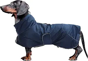 Dachshund Coats Waterproof, Perfect for Dachshunds, Sausage, Weiner Dog Winter Coat with Padded Fleece, Puppy Snowsuit with Adjustable Bands and High Vis Reflective Trim - Navy - M
