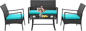 HAPPYGRILL 4 Pieces Patio Wicker Furniture Set PE Wicker Conversation Set, Rattan Sofa Chair with Cushions Tempered Glass Coffee Table, Outdoor Sectional Bistro Set for Poolside Backyard Lawn Garden