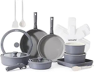 SENSARTE 24 Piece Ceramic Pots and Pans Set, Nonstick Detachable Handle Cookware, Induction Kitchen Cookware Set with Removable Handle, Healthy Non Stick for RV, DishwasherOven Safe, PFOA Free (Gray)