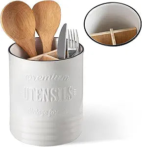DOWAN 3 Compartment Kitchen Utensil Holder, 7.2 Extra-Large Ceramic Stable Utensil Caddy, Rustic Cooking Utensil Crock for Farmhouse Kitchen Dcor, Utensil Holder for Countertop