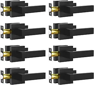 RAZCC Passage Door Lever, 8 Pack Matte Black Interior Door Handles for Hallway and Closet, Heavy Duty Square Interior Keyless Door Handles Non-Locking Door Knobs for Right & Left Side Door