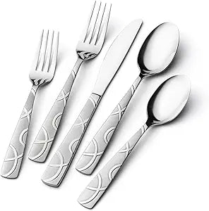 HIKAA 40PCS Stainless Steel Silverware Set, Modern Flatware Set for Kitchen, Mirror Polished Cutlery Set with Forks, Spoons and KnivesDishwasher Safe