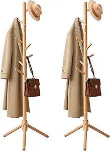 2-Pack Solid Beech Wood Freestanding Coat Rack, Entryway Furniture Premium Wood with 8 Hooks & 3 Adjustable Heights for Coats, Hats, Purse Stand and Wardrobe Essentials (Natural) (2)