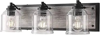 3-Light Bathroom Vanity Light Large 23", Vanity Lights for Bathroom, Farmhouse Rustic Gray Bathroom Light Fixtures Over Mirror with Bubble Glass Shades, Hand-Painted Wood-Look Metal Backplate