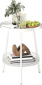 Benkyo 2 Tier White Metal Round Side Table Tiered Two Shelf Storage Coffee Sofa End Table for Living Room and Bedroom,White