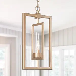 Gold Pendant Lighting for Kitchen Island, 1-Light Modern Glass Pendant Chandelier Light Fixture with Chain Framework Adjustable for Dining & Living Room Bedroom Foyer Hallway (E12)