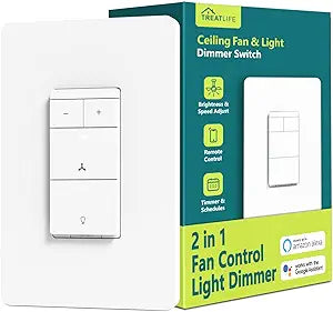 TREATLIFE Smart Ceiling Fan Control and Dimmer Light Switch, 2.4GHz WiFi Only, Neutral Wire Required, Single Pole Fan & Light Switch Combo, Works with Alexa, Google Home