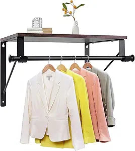 Wall Mounted Closet Shelf with Hanging Rod, Shelf & Brackets, Heavy Duty Storage Rack, Space Saving Organizer for Bedroom Closet, Kitchen,Laundry Room & Bathroom