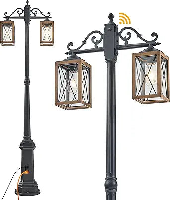 Dusk to Dawn Outdoor Lamp Post Lights with GFCI Outlet,Double-Head Farmhouse Street Light Fixture,Aluminum Black Pole Exterior Lights, Waterproof Lantern Outdoor Lighting