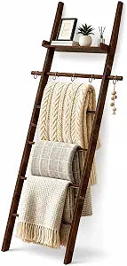 6-Tier Farmhouse Wooden Blanket Ladder with Shelf and Hooks Dark Brown