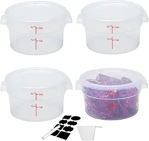 Round Food Storage Container with Lid2 Qt Translucent Commercial 4 Pack of  NSF Listed, BPA-Free, Polypropylene, Non-Stick, Easy-to-read scale Includes Labels & Measuring Cups