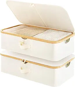 StorageWorks Underbed Storage Containers with Lids, 2-Pack 7" Low Profile Under Bed Storage Box with Bamboo Frame for Clothes, Bedding, Blankets and Shoes, 42L Sturdy Fabric Organizer, Beige