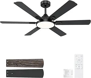 52 Inch Ceiling Fans with Lights: Black Ceiling Fan with Light and Remote for Bedroom Living Room Office - 3CCT Dimmable Ceiling Fan with 6 Speeds Reversible Quiet DC Motor Timer