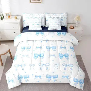 Erosebridal Coquette Bowknot Twin Size Comforter Set,Bow Tie 7-Piece Bed in A Bag,Bow Decor Sheets and Pillowcases,Princess Bedding Set Room Decor,