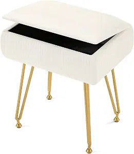 Vanity Stool Chair with Storage, Ottoman Faux Fur Soft Padded Makeup Footstools Seat with 4 Metal Legs Anti-Slip Adjustable Feet Modern Cute Small Footrest for Home Entryway Bedroom White