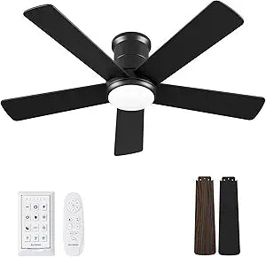 42 Inch Ceiling Fans with Lights and Remote - Black Ceiling Fan with Light Low Profile, Flush Mount Indoor Outdoor Ceiling Fans for Patios Bedroom, 6 Speeds Reversible Quiet DC, 3CCT Dimmable