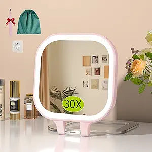 FUNTOUCH 30X Travel Magnifying Mirror with Light, 7" Rechargeable Double Sided Travel Vanity Mirror with Lights, 3 Color Lights & Adjustable Brightness, 300Rotation, Gift for Women,Pink