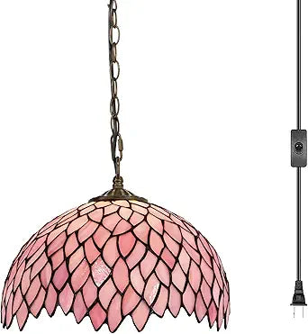Tiffany Pendant Light Plug in, 12 inches Stained Glass Hanging Lamp, 39 Inch Chain, 15 Feet Cord Living Room Bedroom Kitchen Dining Room Office (Pink Wisteria)