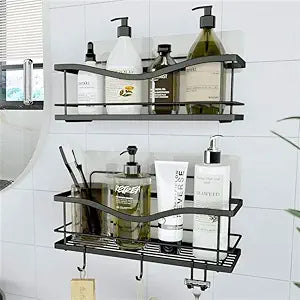 KINCMAX Premium Shower Caddy, Self Adhesive Shower Organizer w/ 4 Hooks, No Drill Shelves for Inside Shower, Rustproof Stainless Steel Shower Rack for Bathroom, Matte Black