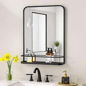 VASUHOME Black Bathroom Mirror with Shelf, 26"x38" Wall Mounted Vanity Mirror with Metal Frame & Rounded Corners, Storage Shelf for Bathroom, Bedroom, Living Room, Entryway