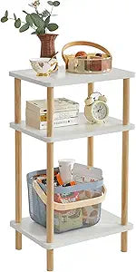 IBUYKE 3-Tier Side Table, Solid Wood Tall End Table with Storage Shelves, Nightstand Bedside Table for Living Room Bedroom Office, No-Tool Assembly, White UWST003W