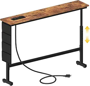 HCHQHS 7.9" Sofa Table with Adjustable Height (25in - 34in) and 1 Power Outlers (2 Type-C & 1 USB & 2 AC Ports), 39.3" Skinny Behind Couch Table, Long Narrow Console Table for Living Room