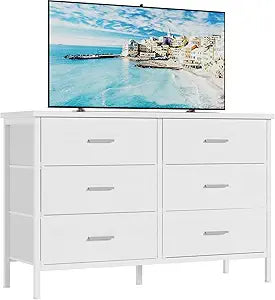 BOLUO White Dresser for Bedroom 6 Drawer,Wide Dresser TV Stand for 50" TV Dressers & Chests of Drawers Fabric Dresser Storage for Closet Modern