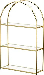 Crofy Gold Arched Frame Wall Shelf, Decorative 3 Tier Bathroom Wall Shelf with Transparent Tempered Glass Shelves and Robust Storage Capacity, 5.1" D x 18.1" W x 28.9" H