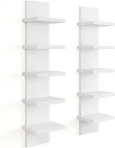 5 Tier Wall Shelf Unit, Decorative Wall Mount Vertical Shelving, Floating Storage Home Decor Organizer Tall Tower Design Utility Shelving Bedroom Living Room, Modern White 2Pack