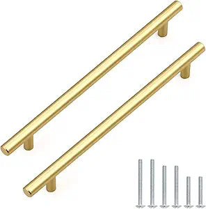 Probrico 30 Pack Hole Centers (192mm) 7.5inch Gold Kitchen Cabinet Handles Stainless Steel Polished Gold Cabinet Pulls Round T Bar Pull Handle for Cabinets and Drawers Total Length 10inch(256mm)