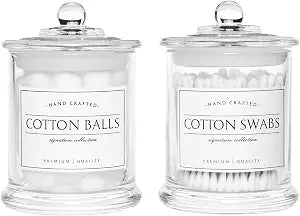 Volisnova 2 Pack Farmhouse Apothecary Jars with Lids - Glass Qtip Dispensers and Cotton Ball Holders for Bathroom Vanity Storage and Organization with 8 Pcs Wterproof Labels (Clear Glass)