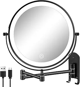 9" Rechargeable Wall Mounted Lighted Makeup Mirror, Double Sided 1X/10X Magnifying Mirror with 3 Color Lights Dimmable, Bathroom Mirror with Hook, Black