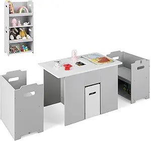 Costzon 4-in-1 Kids Table and Chairs, Activity Table & Convertible Chairs for Drawing Reading Dining with Multiple Storage Bins and Space Saving Design, Stackable Cabinet Toddler Table and Chair Set