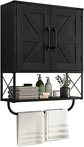 RUSTOWN Farmhouse Medicine Cabinet with 2 Barn Door, Wood Wall Mounted Storage Cabinet with Adjustable Shelf and Towel Bar, 3-Tier Bathroom Cabinet for Bathroom, Living Room(Black, Medium)