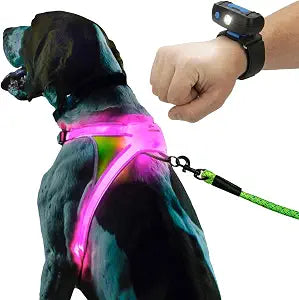Noxgear LightHound (Small) + Wrist Light  Illuminated and Reflective Harness for Dogs Including Multicolored LED Fiber Optics (USB Rechargeable, Adjustable, Lightweight, Rainproof)
