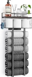 Large Towel Rack & Bathroom Towel Holder - Wall Mounted Metal Rack with Wooden Floating Shelf, Small Bathroom Towel Storage, Easy Holds 6 Large Rolled Towels, Black with Brown Plank