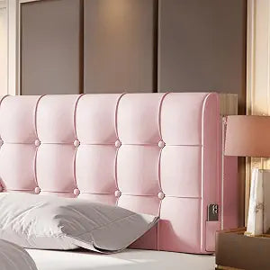 BCU Pink Pillow Headboard Twin XL Upholstered Tufted Headboard with Hidden Fixed Strap Side Pocket for College Dorm Room Adjustable Bed