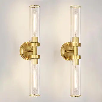 Antique Gold Wall Sconces Set of 2, Modern Bathroom Vanity Lights for Mirror, Hardwired Glass Wall Light Fixtures with E26 Base (Bulbs Required) for Bathroom, Bedroom, Hallway, 22.05 Inch