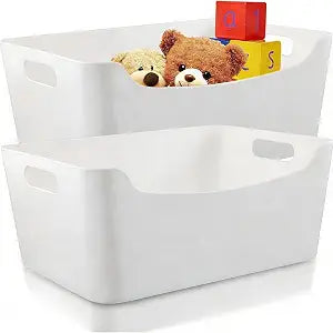 2 Pack Large BPAFree Plastic Storage Bins with Handles, 4 Gallon White Organizer Containers 13.78" x 10.24" x 5.71", OpenTop Storage Baskets for Kitchen Pantry, Cabinet, Closet, Bathroom & Office