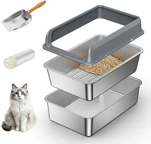 All Stainless Steel Sifting Litter Box with Lid,Metal Sifting Cat Litter Box for Pine Pellets,High Sides Sifter Litter Pan System for Kittens,Odor Control,Sifting Box Liners and Scoop