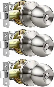 3 Pack Bathroom Door Knob, Door Knobs Interior Without Keys, Brushed Nickel Door Knobs for Bedroom and Office, Privacy Function, Modern and Sturdy Finish
